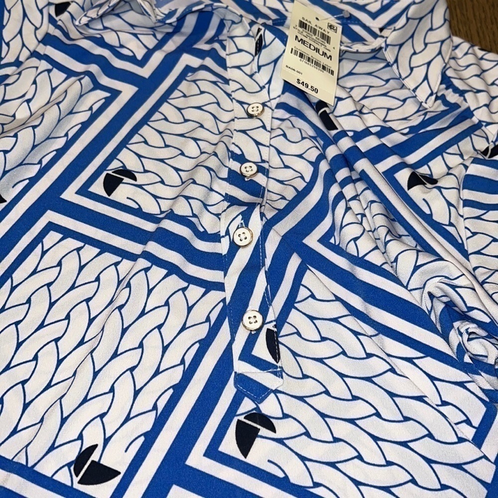 NWT Charter Club silky white and blue button up blouse cap sleeves size medium - Picture 2 of 6